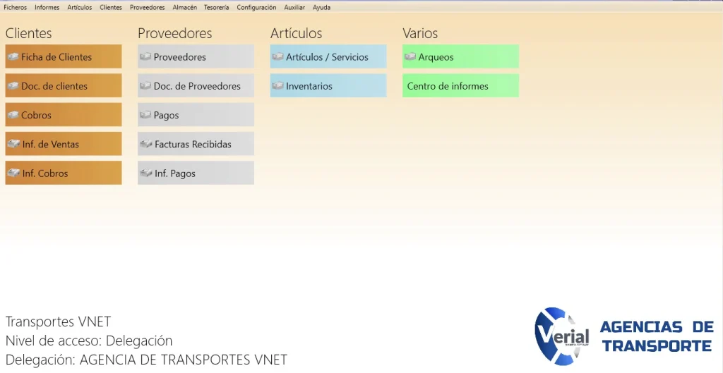 Software de gestión para agencias de transporte – panel principal con facturación, albaranes y control de portes