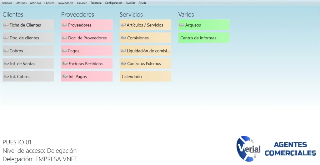 Software de gestión para agentes comerciales – panel principal con facturación, comisiones y control de clientes