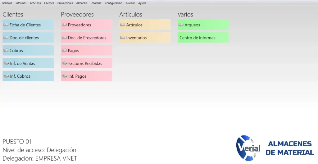 Software de gestión para almacenes de material – panel principal con control de stock, facturación y ubicaciones