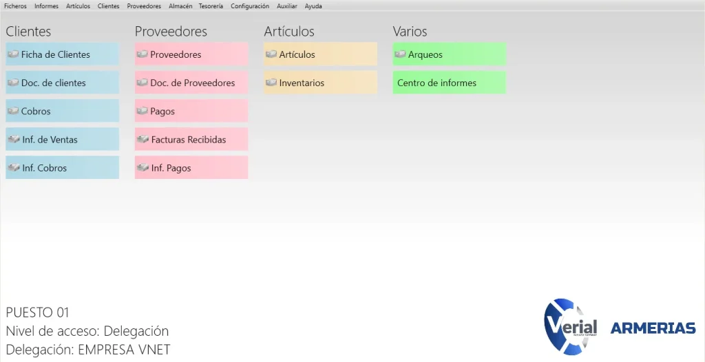 Software de gestión para armerías – panel principal con inventario de armas, facturación y TPV integrado
