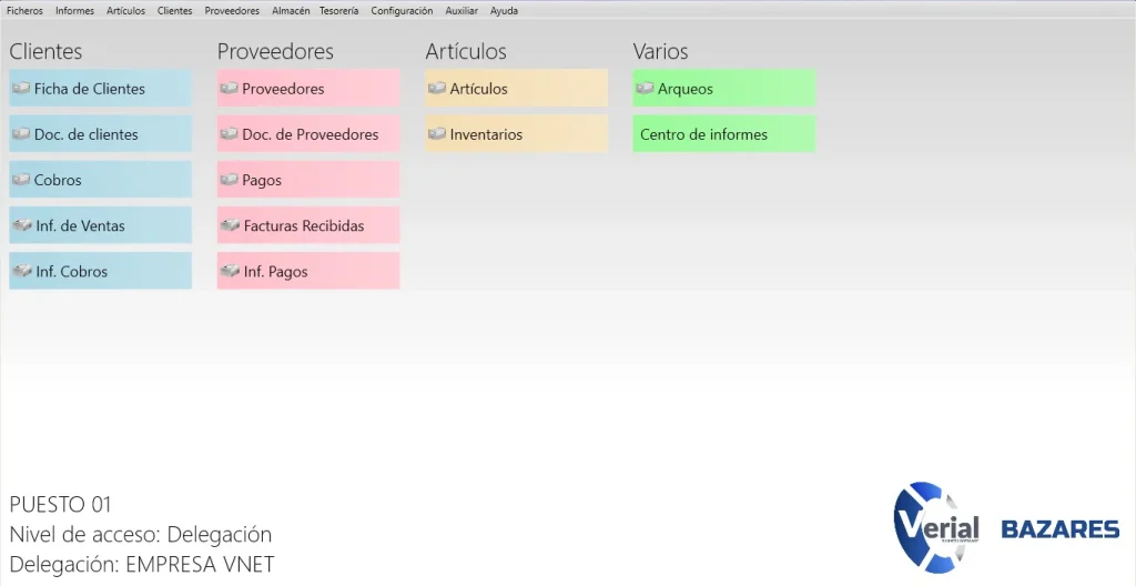 Software de gestión para bazares – panel principal con TPV de venta rápida, stock multicategoría y facturación