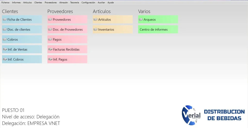 Software de gestión para distribución de bebidas – panel principal con stock, rutas de reparto y facturación