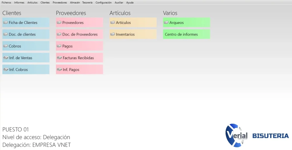 Software de gestión para bisutería – panel principal con catálogo de joyas, TPV táctil y facturación