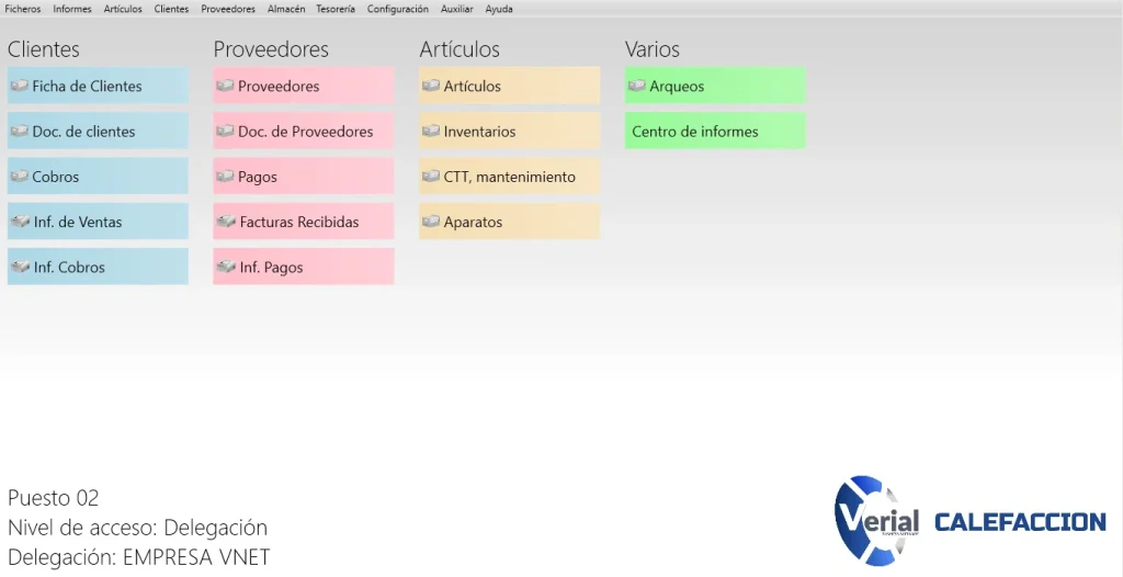 Software de gestión para calefacción – panel principal con equipos instalados, contratos de mantenimiento y facturación