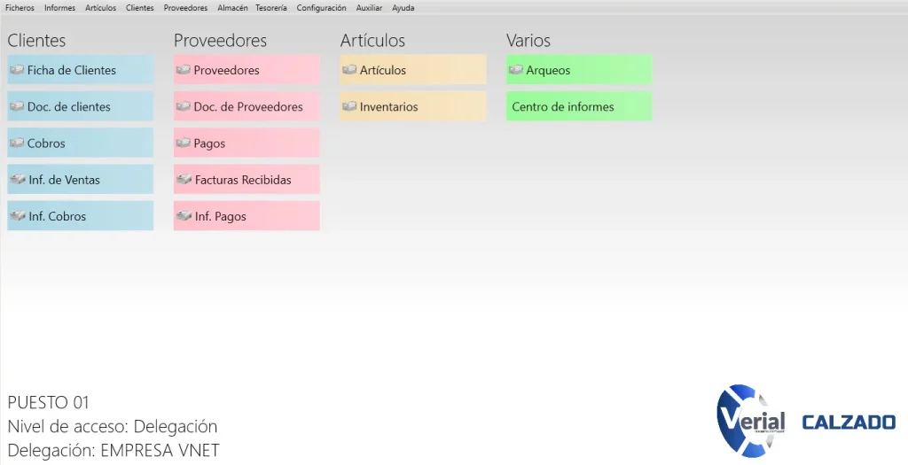 Software de gestión para fabricantes de calzado – panel principal con tallas, colores, producción y facturación