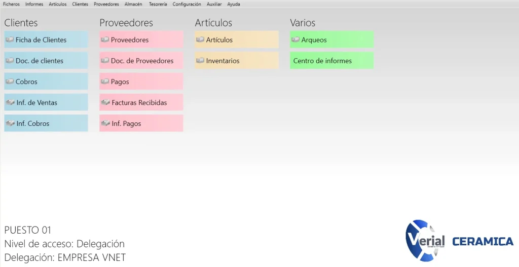 Software de gestión para cerámica – panel principal con catálogo de azulejos, TPV y control de stock por formato
