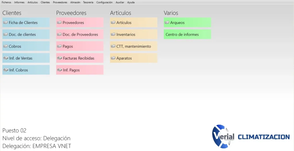 Software de gestión para climatización – panel principal con equipos instalados, contratos y facturación