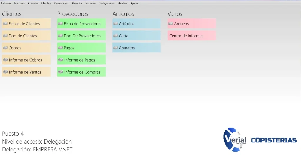 Software de gestión para copisterías – panel principal con TPV, gestión de trabajos de impresión y consumibles
