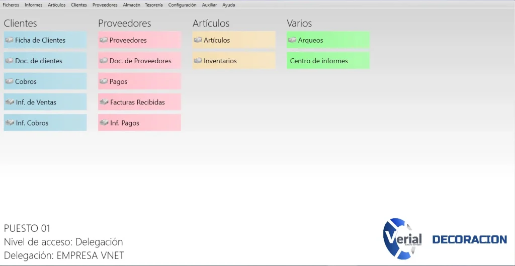 Software de gestión para decoración – panel principal con catálogo de productos decorativos, TPV y facturación