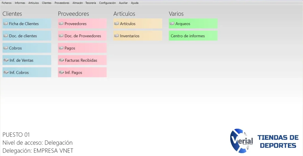 Software de gestión para tiendas de deportes – panel principal con TPV, gestión de tallas y colores, y facturación