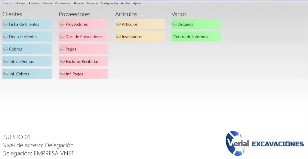 Software de gestión para excavaciones – panel principal con fichas de maquinaria, obras y facturación