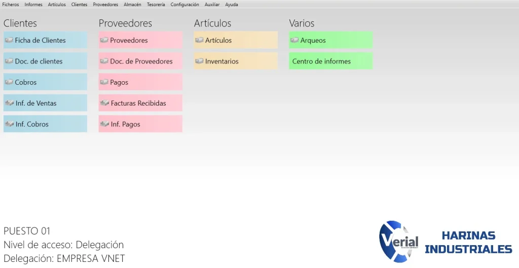 Software de gestión para harinas industriales – panel principal con venta por kilos, sacos y pales, trazabilidad y facturación