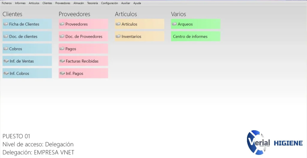 Software de gestión para distribución de productos de higiene – panel principal con unidades auxiliares, canal HORECA y facturación