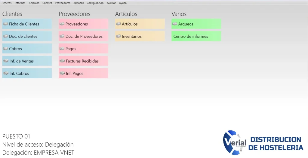 Software de gestión para distribución a hostelería – panel principal con lotes, preventa/autoventa, contratos y facturación