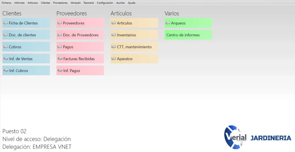 Software de gestión para empresas de jardinería – panel principal con venta, servicios, fichas de aparatos y facturación