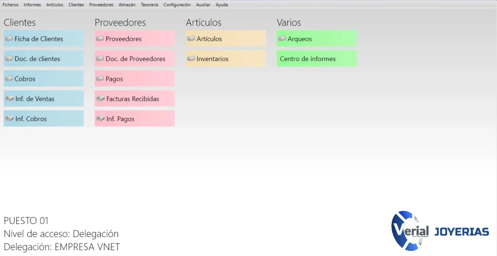 Software de gestión para joyerías – panel principal con TPV, elaboración de piezas, órdenes de trabajo y facturación