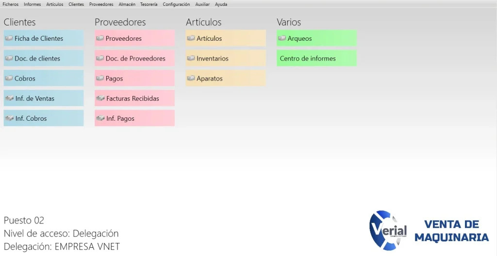 Software de gestión para venta de maquinaria – panel principal con números de serie, garantías, SAT y facturación