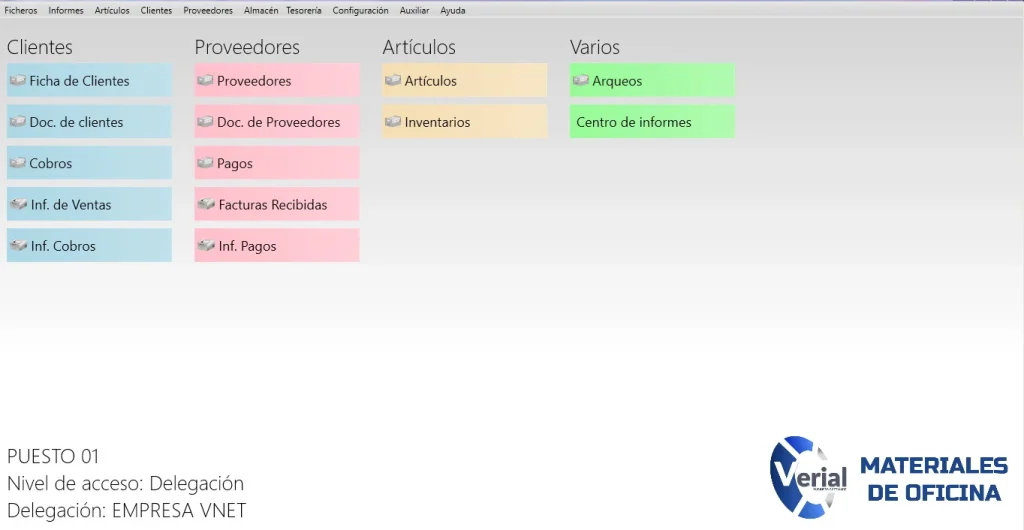 Software de gestión para materiales de oficina – panel principal con múltiples códigos, ECO-tasas, TPV y facturación