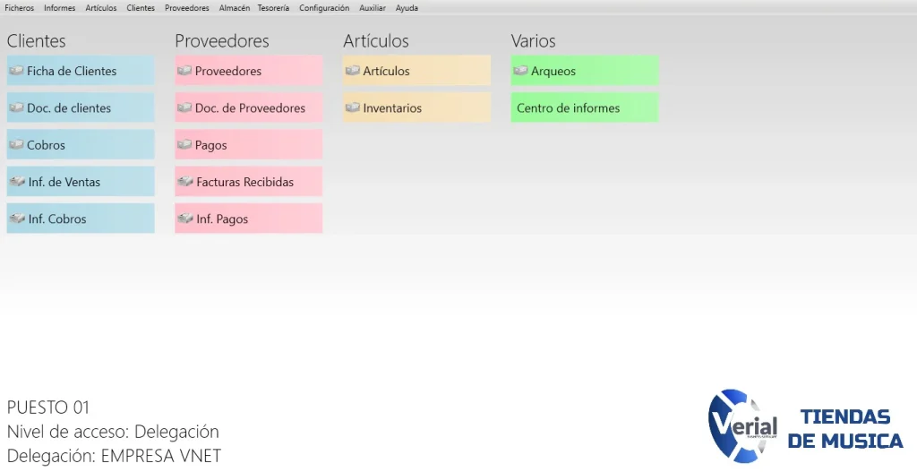 Software de gestión para tiendas de música – panel principal con TPV, fichas de reparación, órdenes de trabajo y facturación