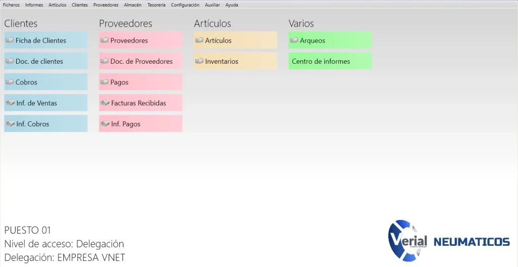Software de gestión para talleres de neumáticos – panel principal con TPV táctil, servicios de montaje y facturación