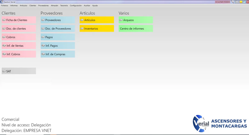 Software de gestión para ascensores – panel principal con parque de aparatos, contratos de mantenimiento y facturación