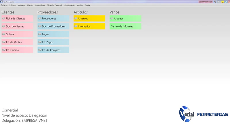 Software de gestión para ferreterías – pantalla inicial con accesos directos a TPV, stock, clientes y facturación